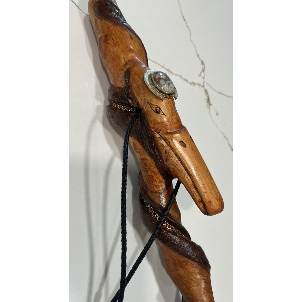 Hand Crafted Wooden Walking Stick With Pelican Head And Brass Inlay Cane 48.5"